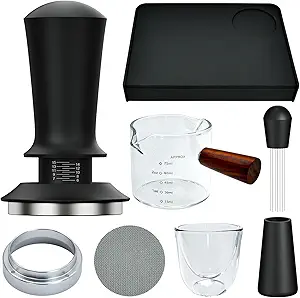 7 Pcs 51mm Espresso Accessories Kit, Spring Loaded Calibrated Tamper, WDT Tool, Coffee Measuring & Espresso Cup and Tamper Mat, Puck Screenr & Dosing Funnel, 51mm Espresso Machine Accessories
