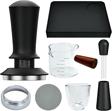 7 Pcs 58mm Espresso Accessories Kit, Spring Loaded Calibrated Tamper, WDT Tool, Coffee Measuring & Espresso Cup and Tamper Mat, Puck Screenr & Dosing Funnel, Fit 58mm Espresso Machine Accessories