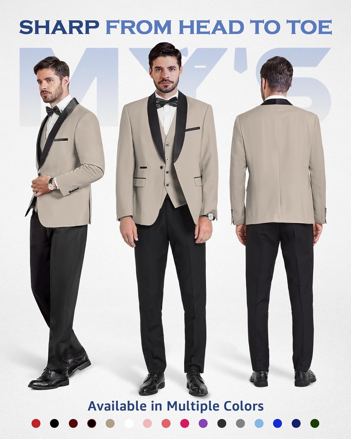 MY'S Mens 3 Piece Tuxedo Set with Bow Tie, Shawl Lapel One Button Jacket Vest & Pants, Slim Fit Suit Prom Party Wedding Tux - Image 2