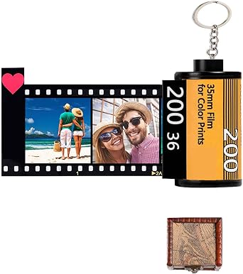 Personalized Keychains with Colorful Picture - Camera Film Roll Key Rings Custom 10 Photo + Text Photo Reel Album with Wooden Gift Box, Great Christmas Birthday Gift