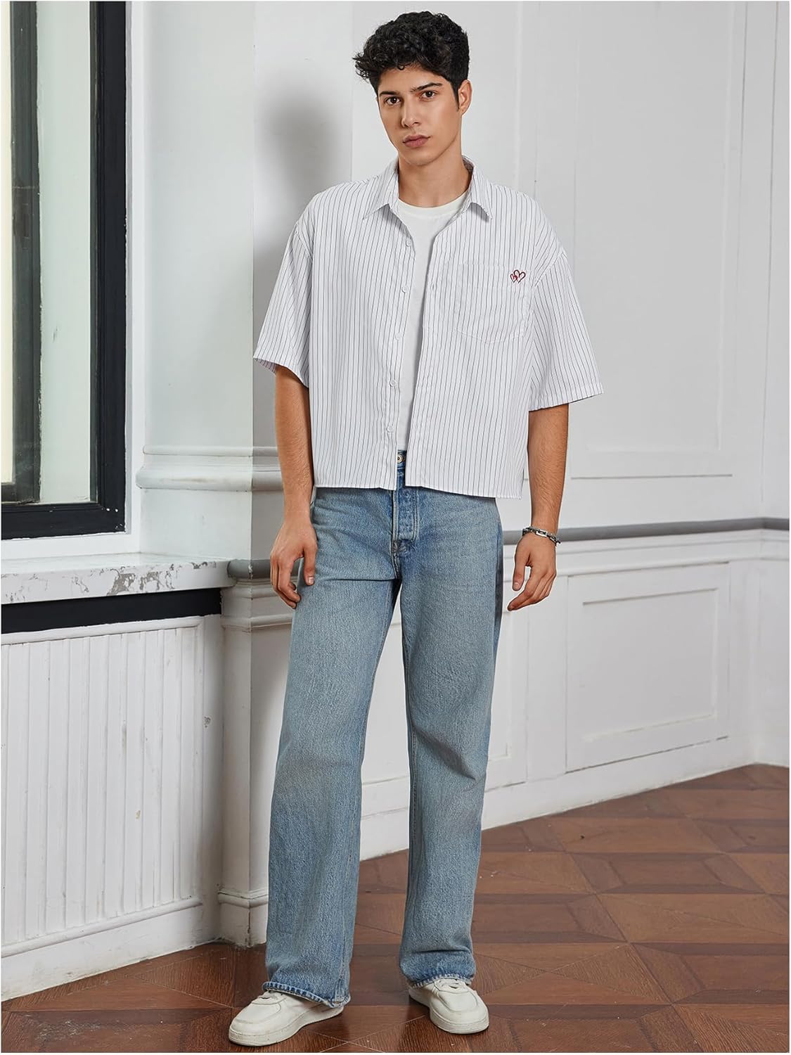 SweatyRocks Men's Striped Button Down Shirt Short Sleeve Collared Loose Fit Crop Shirt with Pocket - Image 6