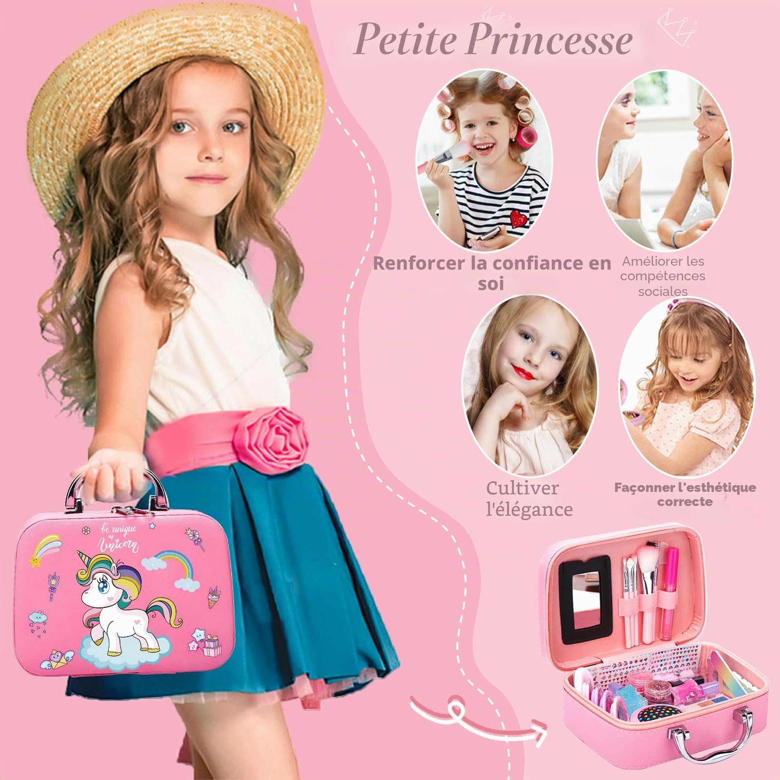 Maquillage Enfant Jouet, 38pcs Lavable Malette, Coffret Makeup Set pour Filles, Cadeau de Noël d'Anniversaire pour 4-10+ Ans