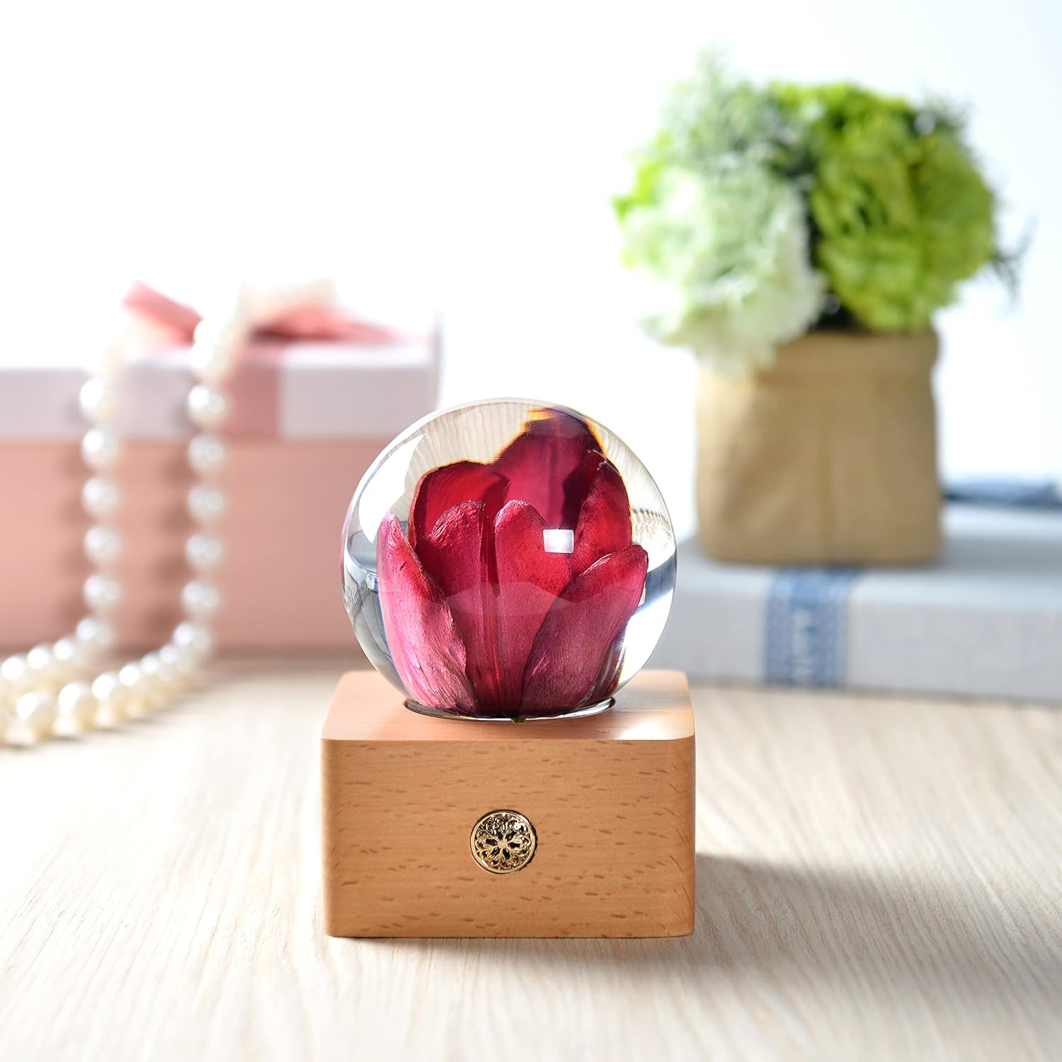 MISS LI GARDEN Forever Flowers Red Tulip in 3D Crystal Ball Elegant Present for Girlfriend Wife Mom Women Enchanted Birthday Anniversary Wedding Home Decor