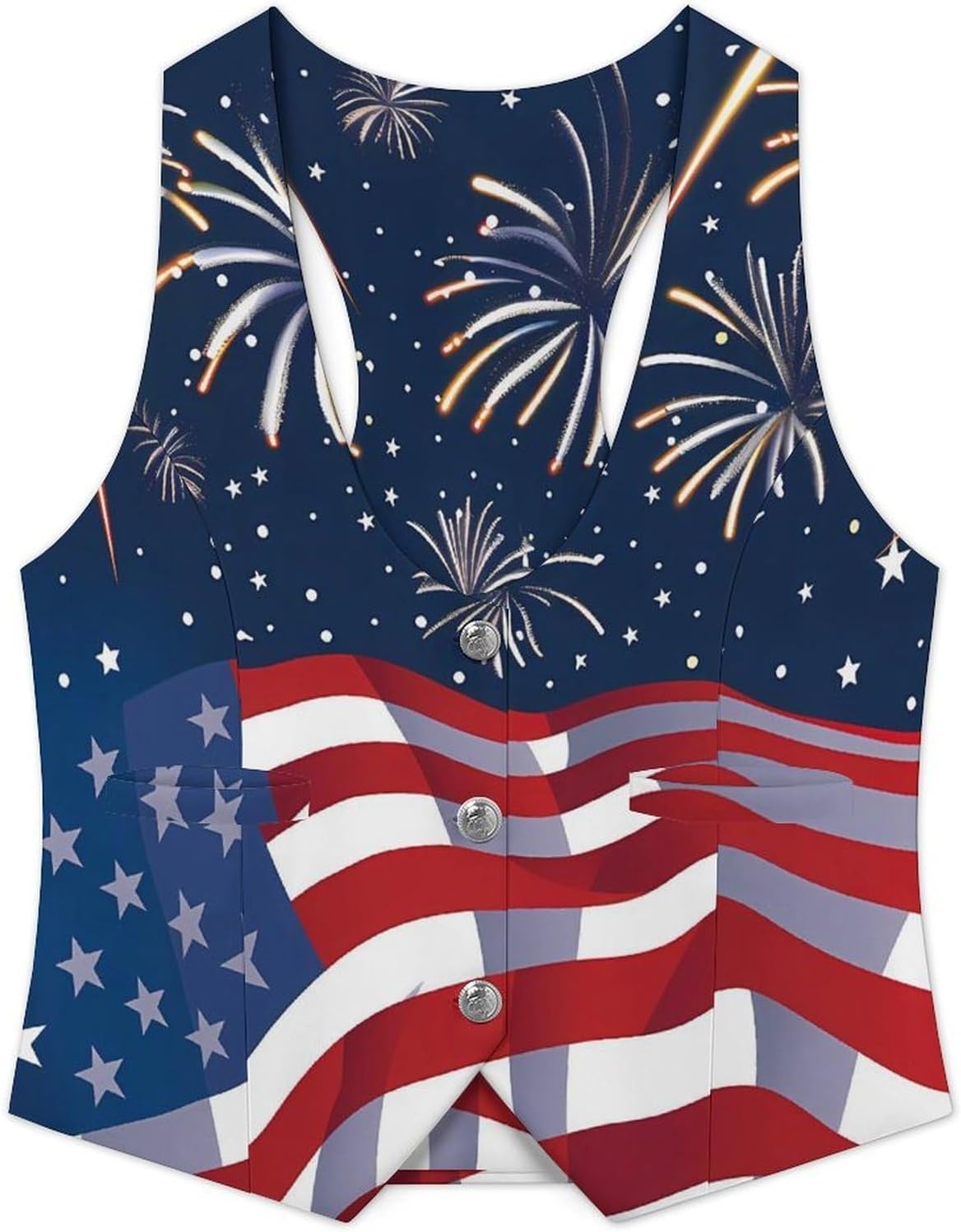 U.S.A. 4th of July Women's Tuxedo Waistcoat Suit Vest | 3 Button V-Neck Slim Fit Casual Sleeveless Top