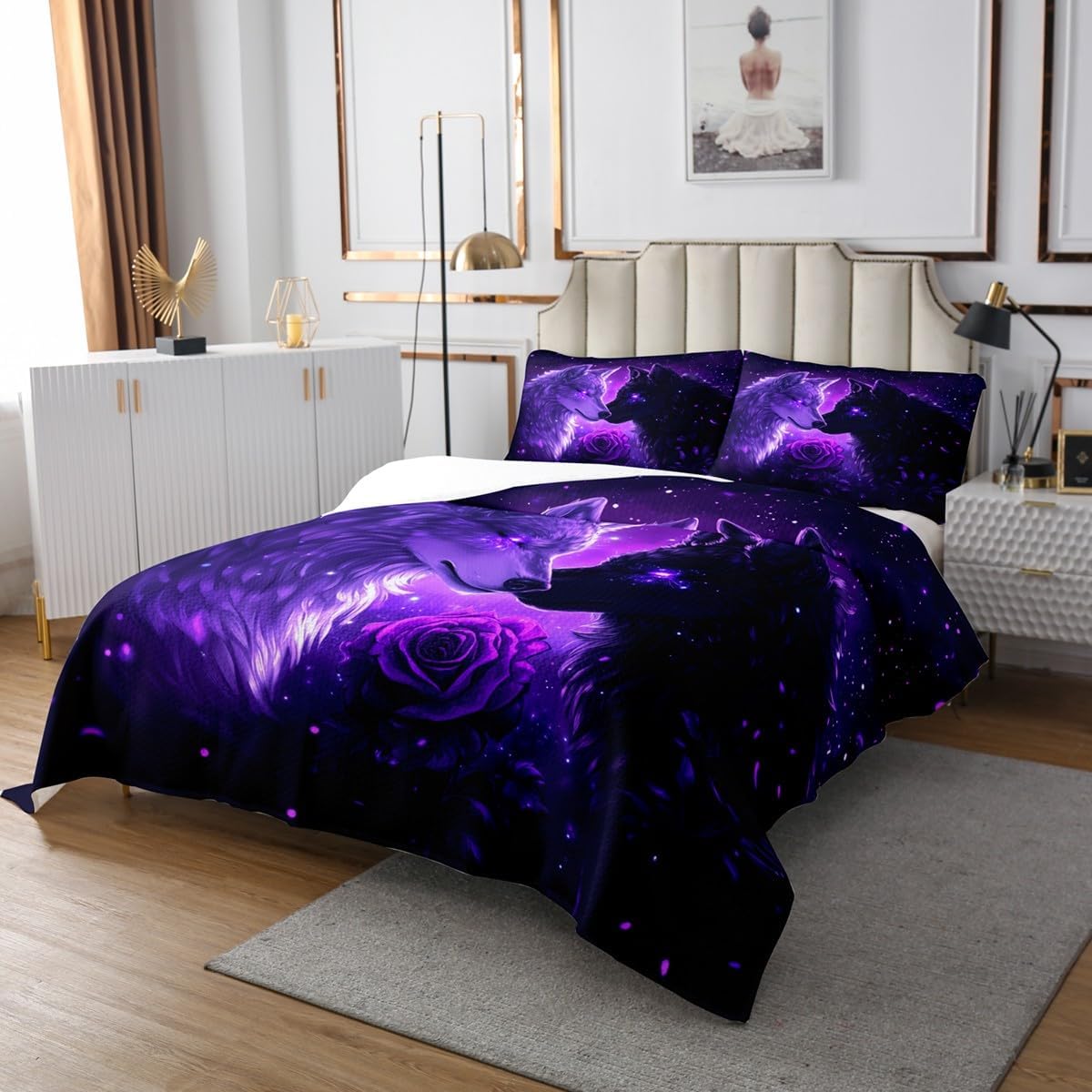 Castle Fairy Wild Wolf Coverlet Set Queen Size,Wolf Couple Animal Love Theme Durable Bedspread for Girls Teens,Romantic Rose Floral Purple Galaxy Soft Polyester Quilt Set, with 2 Pillowcases