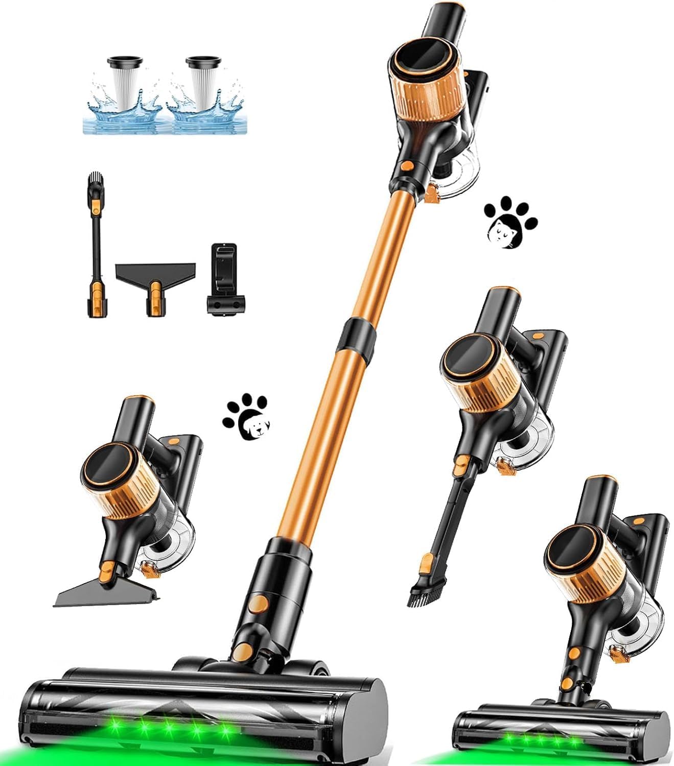 Cordless Vacuum Cleaner, 8 in 1 Vacuum Cleaner for Home with LED Display, 3 Suction Modes, 45mins Runtime Lightweight Stick Vacuum for Home Hardwood Floor, Pet Hair, Carpet (Orange)