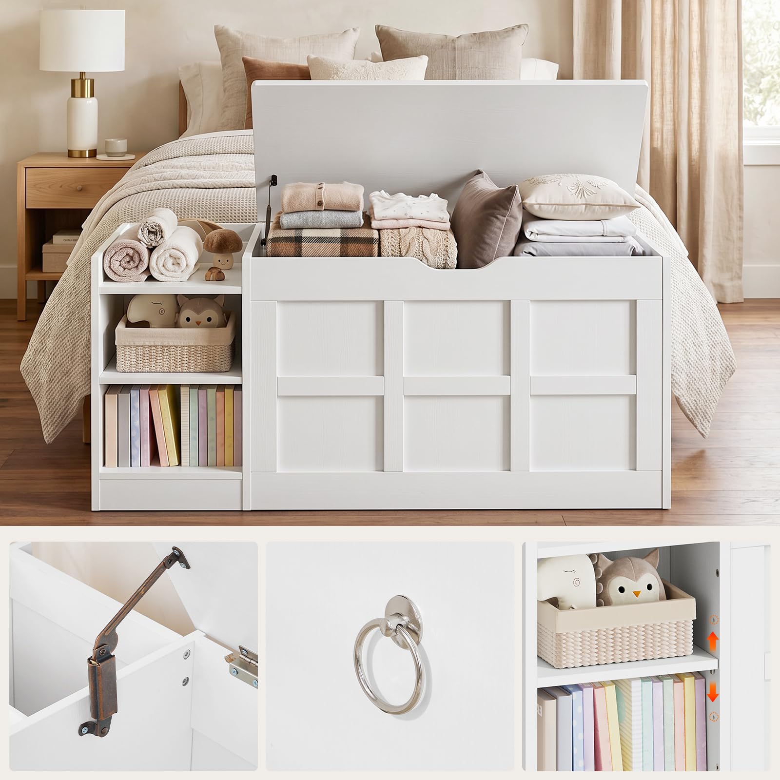 HOOBRO Coffre à Jouets avec Couvercle, Banc de Rangement avec 1 Charnière Amortie et 2 Poignées de Tirage, 100 x 40 x 48 cm, pour Chambre, Salon, Entrée, Blanc EWT480CW01