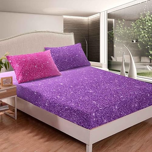 Miniatura 4 de jejeloiu Juego de sábanas de 4 piezas con purpurina tamaño matrimonial, color rosa, morado, pastel, suave, transpirable (1 sábana encimera, 1 sábana
