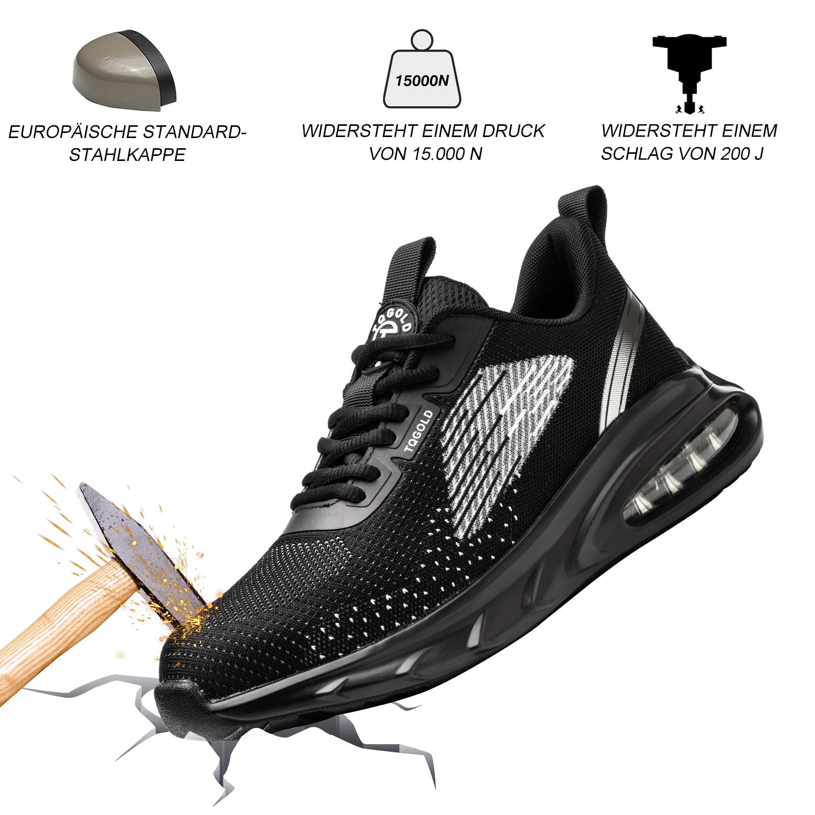 TQGOLD Obuwie ochronne Mężczyźni Kobiety Buty ochronne Amortyzacja Ochrona Stalowy nosek Buty robocze, czarny, 45 EU