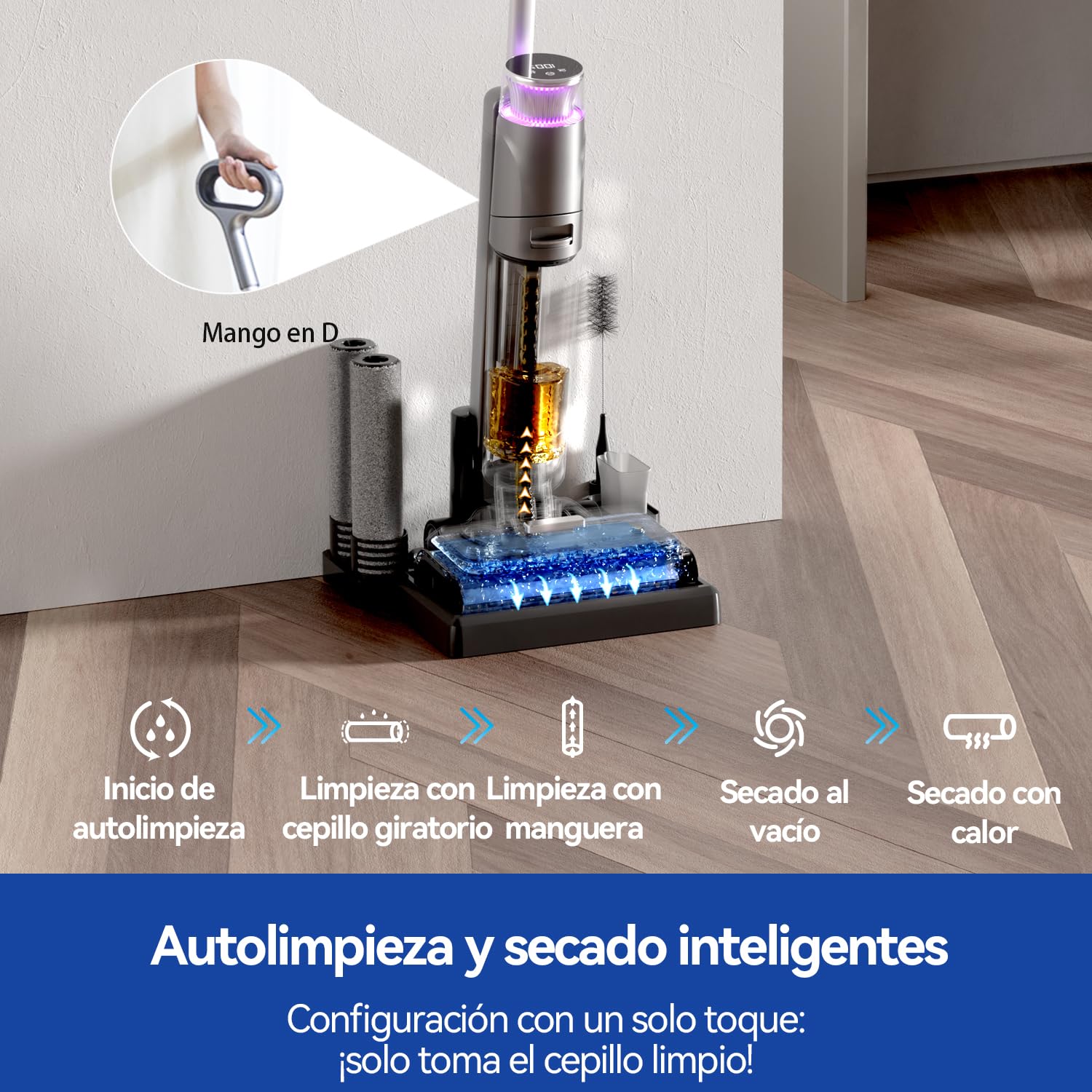 Aspiradora Fregona y Fregona Eléctrica Sin Cable, 45 Min de Autonomía, 17,5KPa de Potente Succión, Fregona Eléctrica Inteligente con Autolimpieza y Auto-Secado