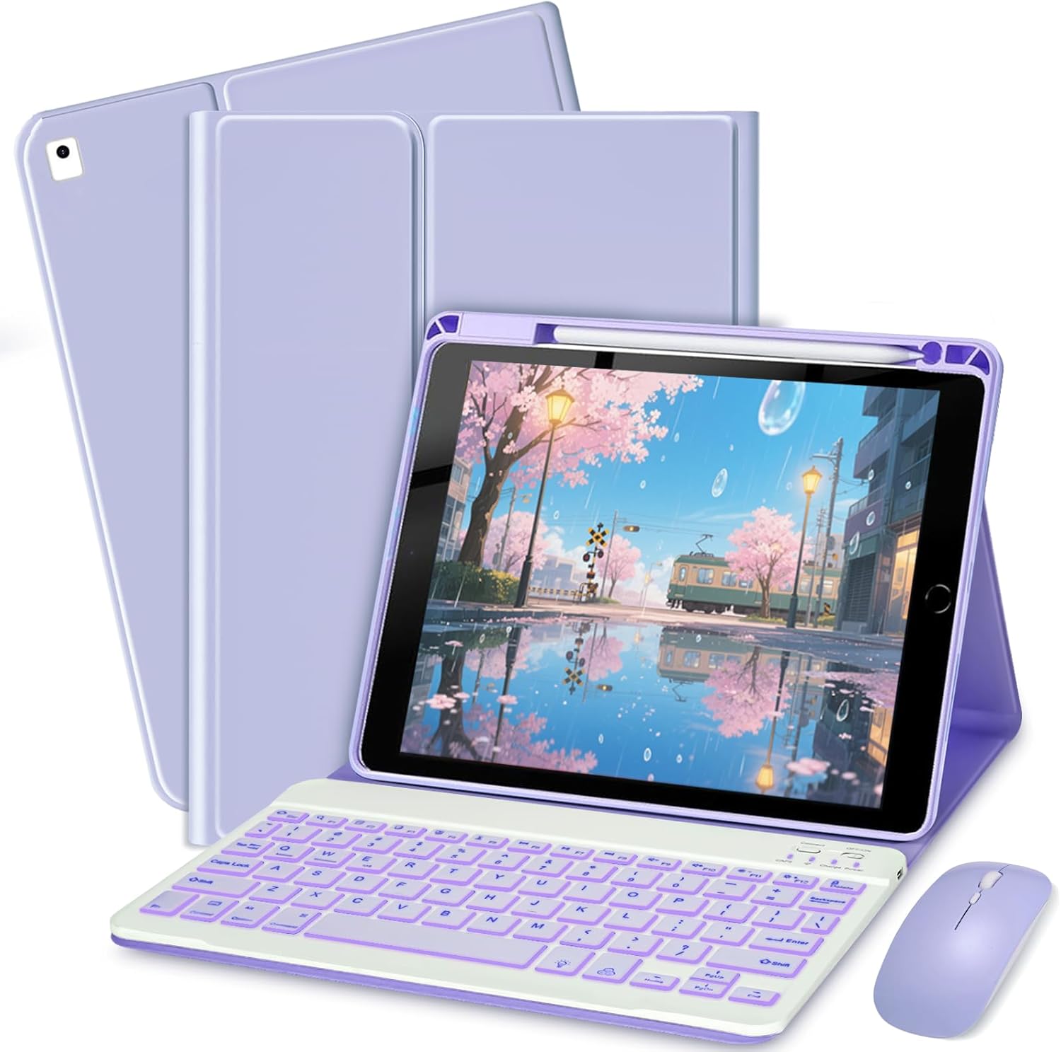 Keyboard Case for iPad 9.7 (6th Gen 2018 / 5th Gen 2017) / Pro 9.7 inch (2016) - 7 Colors Backlit Keyboard Cover and Mouse (Light Purple)