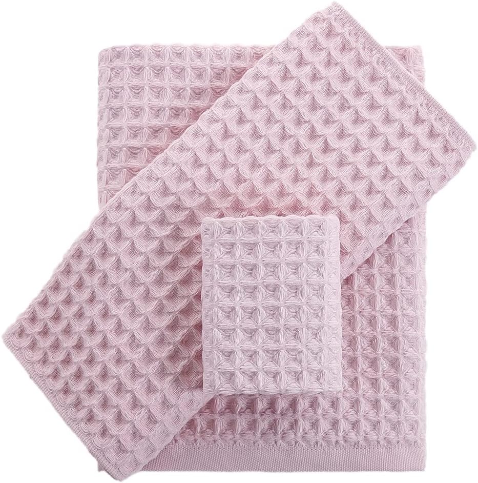 YiLUOMO 100% Cotton 3 Pieces Towel Set | Waffle Weave | Pale Pink | Highly Absorbent | Soft & Light Weight | Machine & Hand Washable | 1 Bath - 1 Hand - 1Wash Towels Gifts