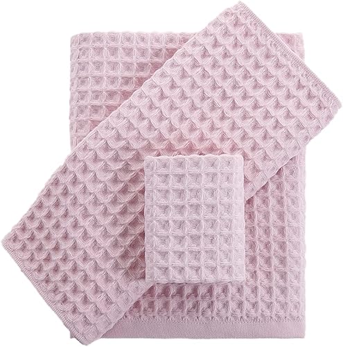 Vista 21 de YiLUOMO Juego de 3 toallas de baño de punto gofre, juego de toallas 100% algodón (1 toalla de baño, 1 toalla de mano, 1 toallita) Toalla de mano