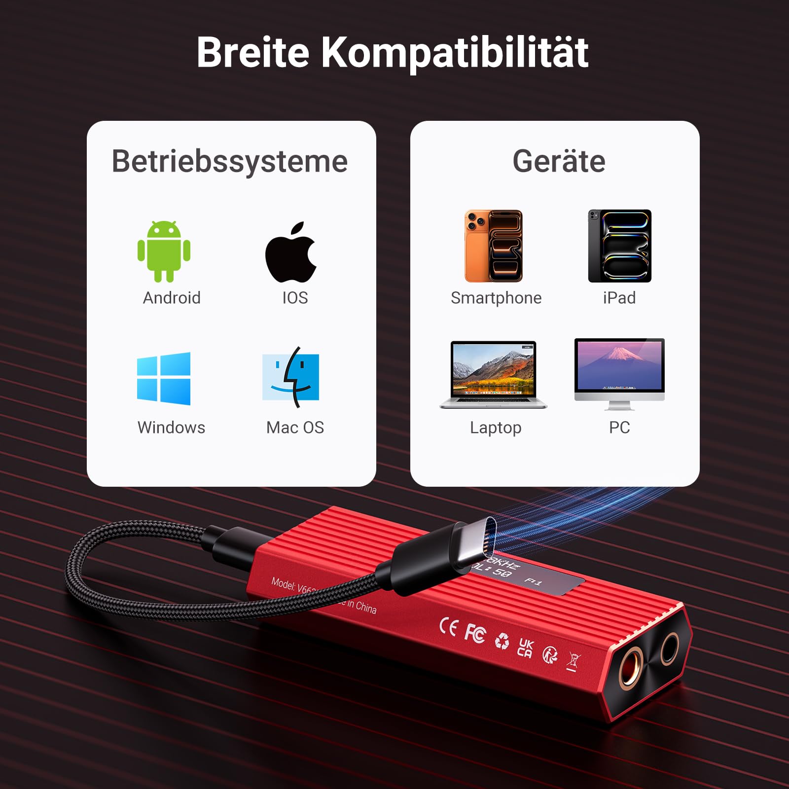 USB-C DAC Kopfhörerverstärker, tragbarer HiFi DAC mit ES9038Q2M, DSD256, PCM 384kHz/32Bit, symmetrische 4,4-mm- und 3,5-mm-Ausgänge, kompatibel mit iPhone 15/16, Android, PC, Mac