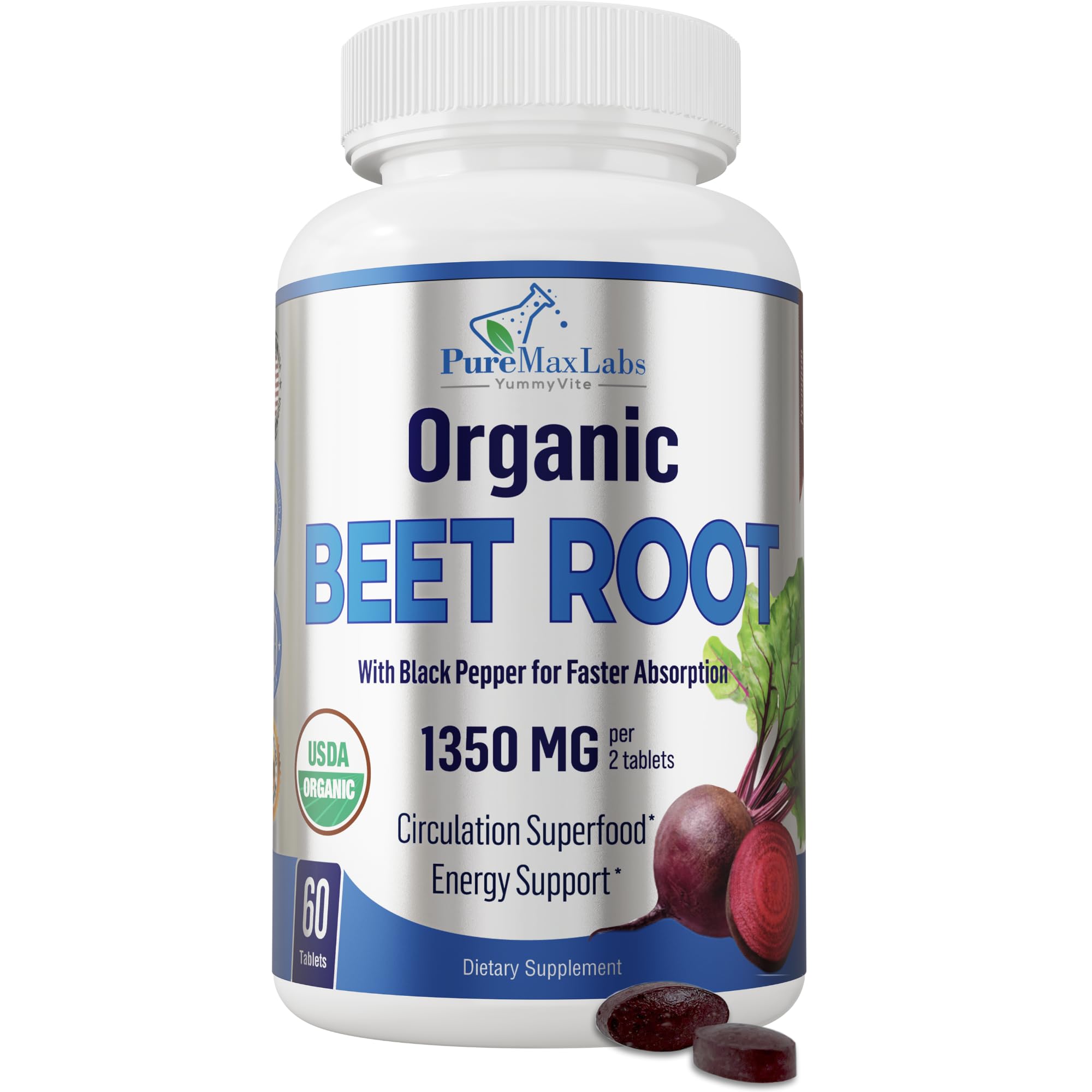 YUMMYVITE Organic Beet Root Powder Tablets, 1350mg, 60 Tablets