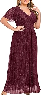Plus Size Maxi Formal Dress Sparkly V-Neck A-line Ruffle Sleeves Evening Gown Cocktail Prom Lace