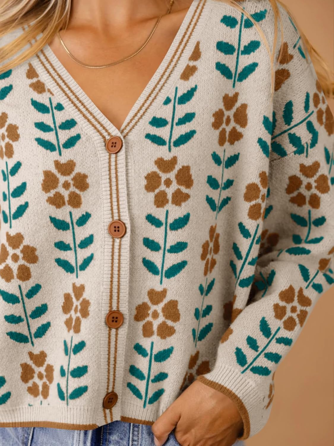 Saodimallsu Womens Floral Print V Neck Cardigan Open Front Button Down Knit Sweater Long Sleeve Loose Fashion Tops - Image 4