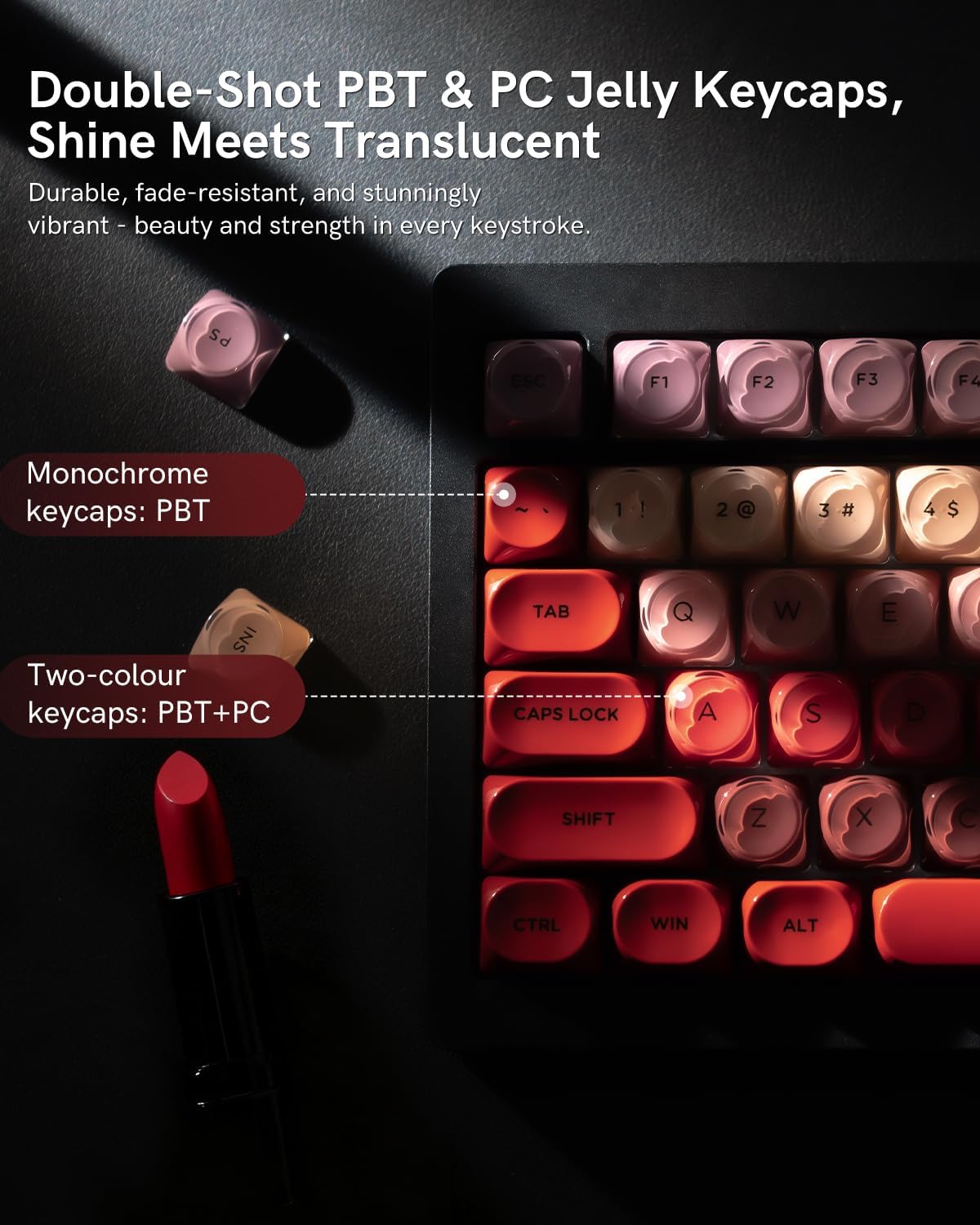 PBT Keycaps, Glossy Red Lipstick Jelly Keycaps MOA Profile, 128 Keys Elegant Cute Custom Key caps for 61/68/84/87/98/100 Cherry Gateron MX Mechanical Keyboards, No Tear & Never Fades