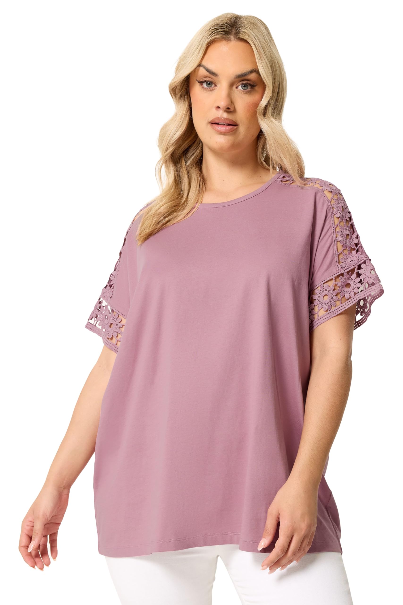 Yours Women's Pink Crochet Sleeve Boxy T-Shirt In | Size: 26/28