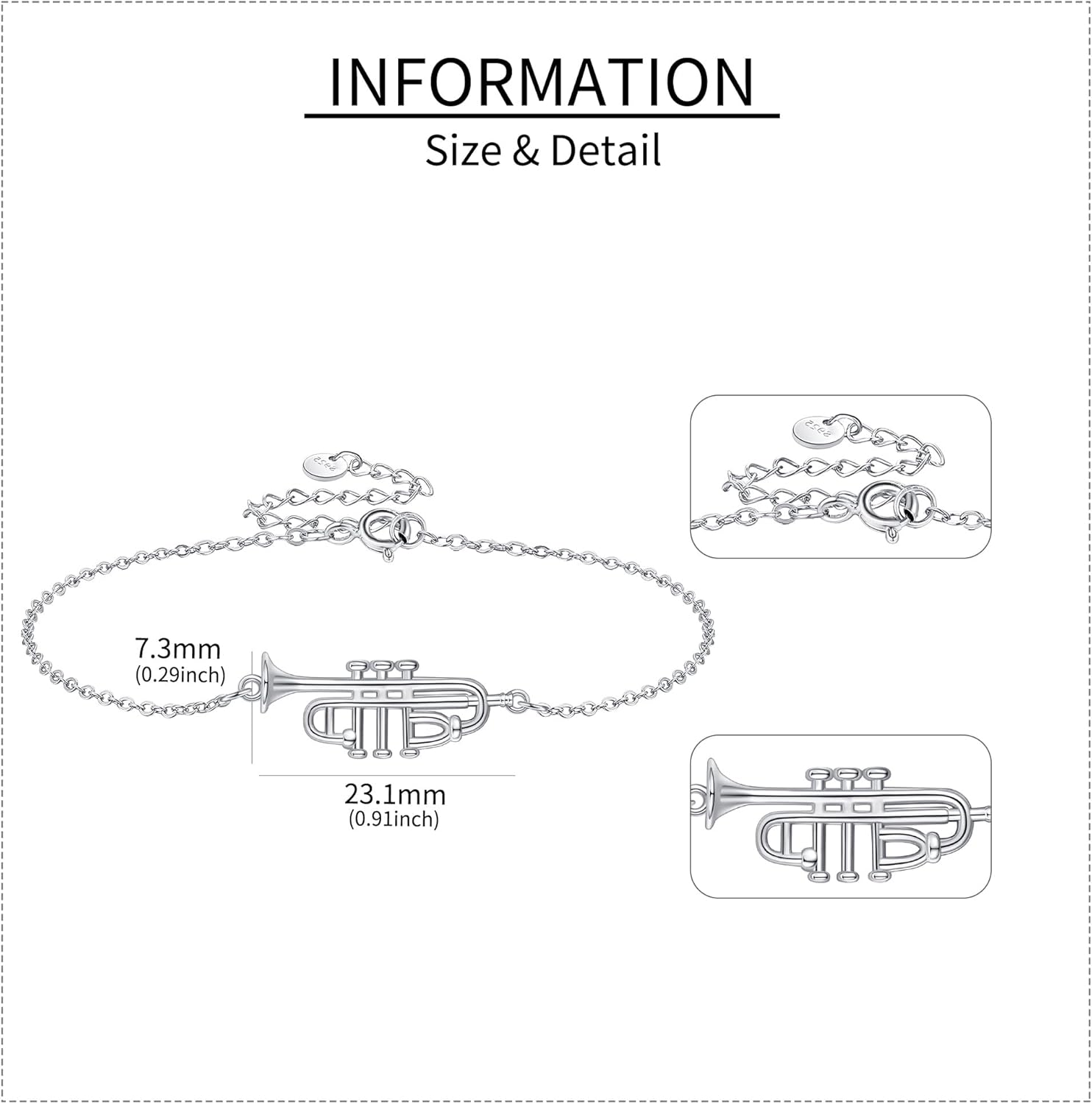 URONE Trumpet Bracelet 925 Sterling Silver Instrument Bracelet Music Trumpet Jewelry Gifts For Women - Image 3