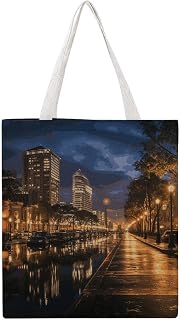Portland at Night Tote Bag, Aesthetic Canvas Tote Bag Reusable Grocery Shopping Bag for Women Men