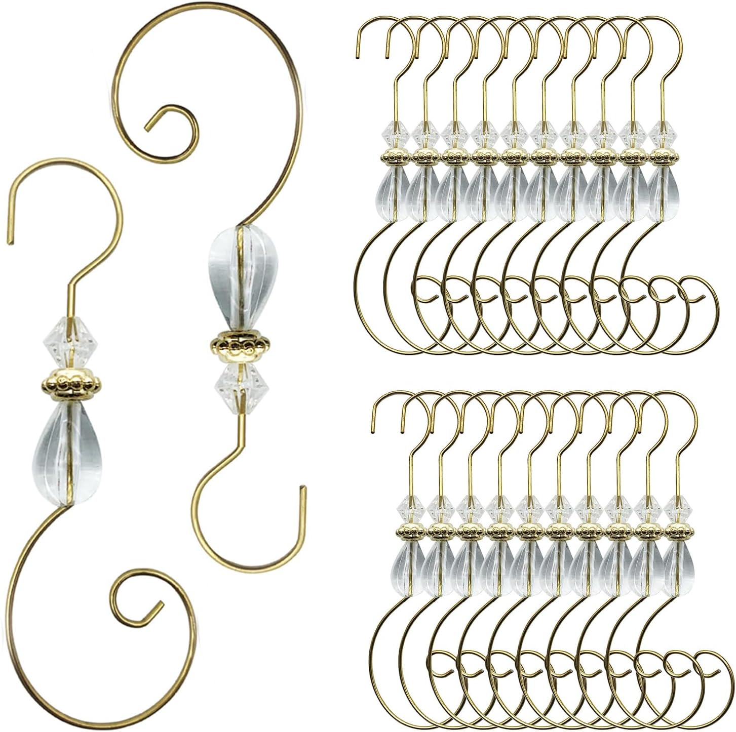 Furimuk 20 Pcs Christmas Ornament Hooks Beaded Hangers with Clear Acrylic Wire Gold S-Shaped Hangers Hook Swirl Hanger Metal Hooks with Crystal Beaded for Crafts Xmas Tree Decoration