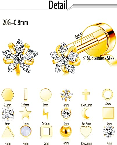 Miniatura 2 de Ofeiyaa Juego de 18 aretes de tuerca pequeños de acero inoxidable con forma de corazón, cruz geométrica, estrella, triángulo, luna, bola de disco,