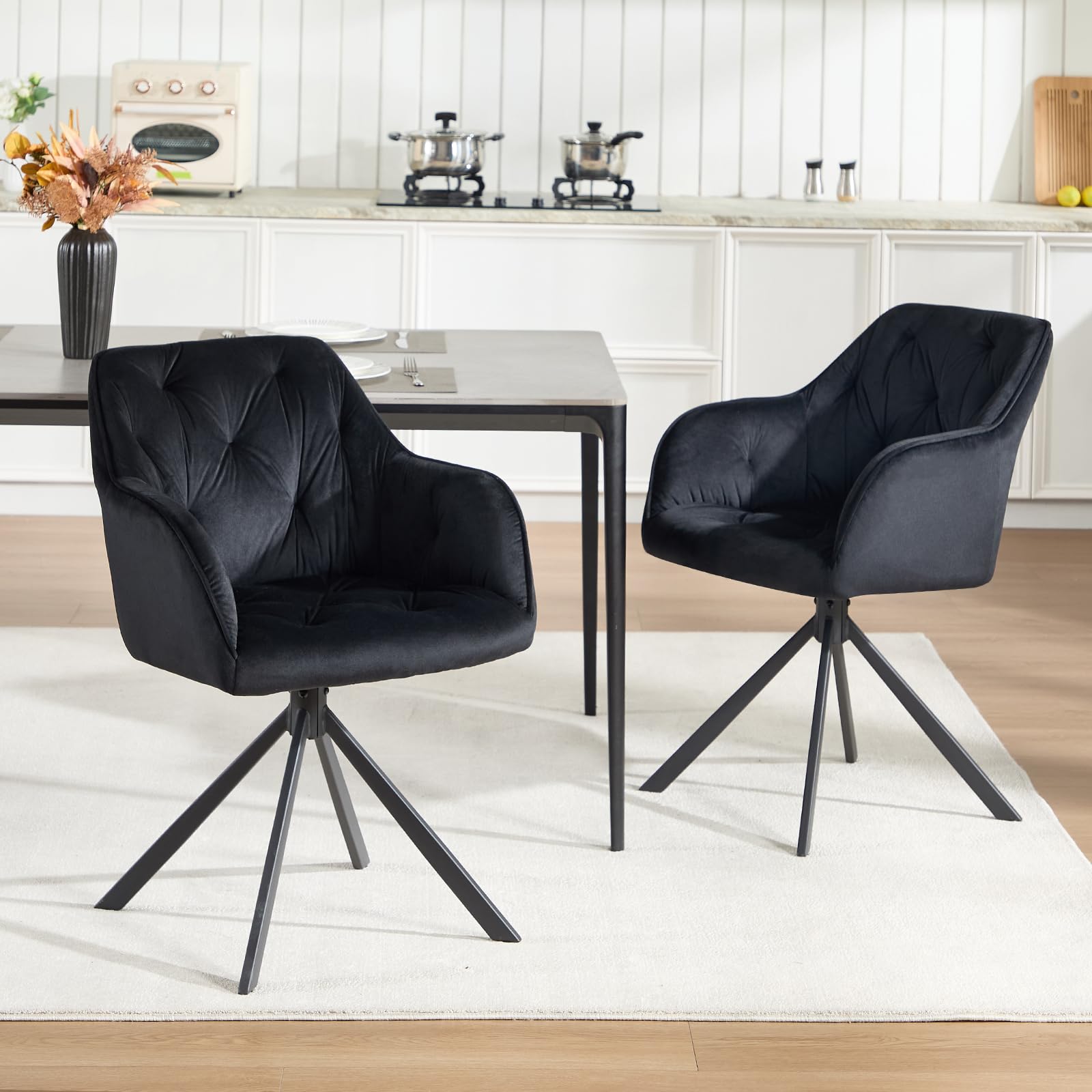 Set Di 2 Sedie Da Pranzo Girevoli In Velluto | Imbottite, Con Gambe A Croce In Metallo - Nero