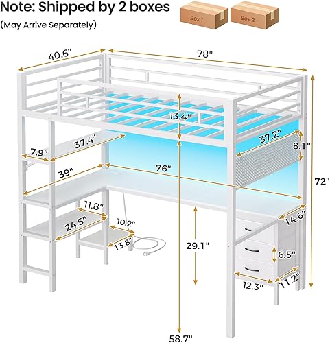 Miniatura 2 de ADORNEVE - Cama alta de tamaño individual con escritorio en forma de L, luces LED, estación de carga, cama alta de metal de tamaño individual con