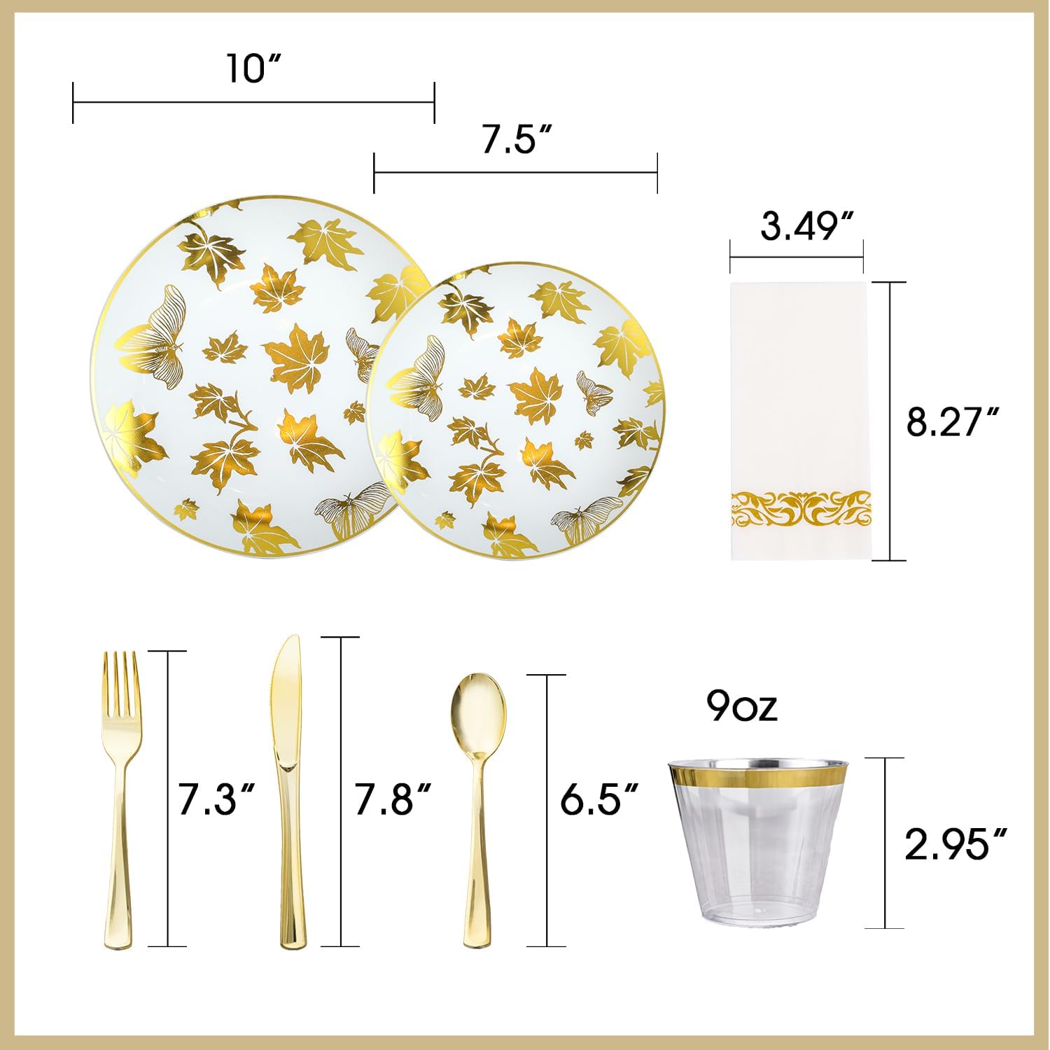175PCS White and Gold Plastic Dinnerware Set for 25 Guests,Maple Leaf Gold Disposable Plates for Party, Include 50 Plates, 25 Paper Napkins, 25 Cups, 25 Plastic Silverware Set