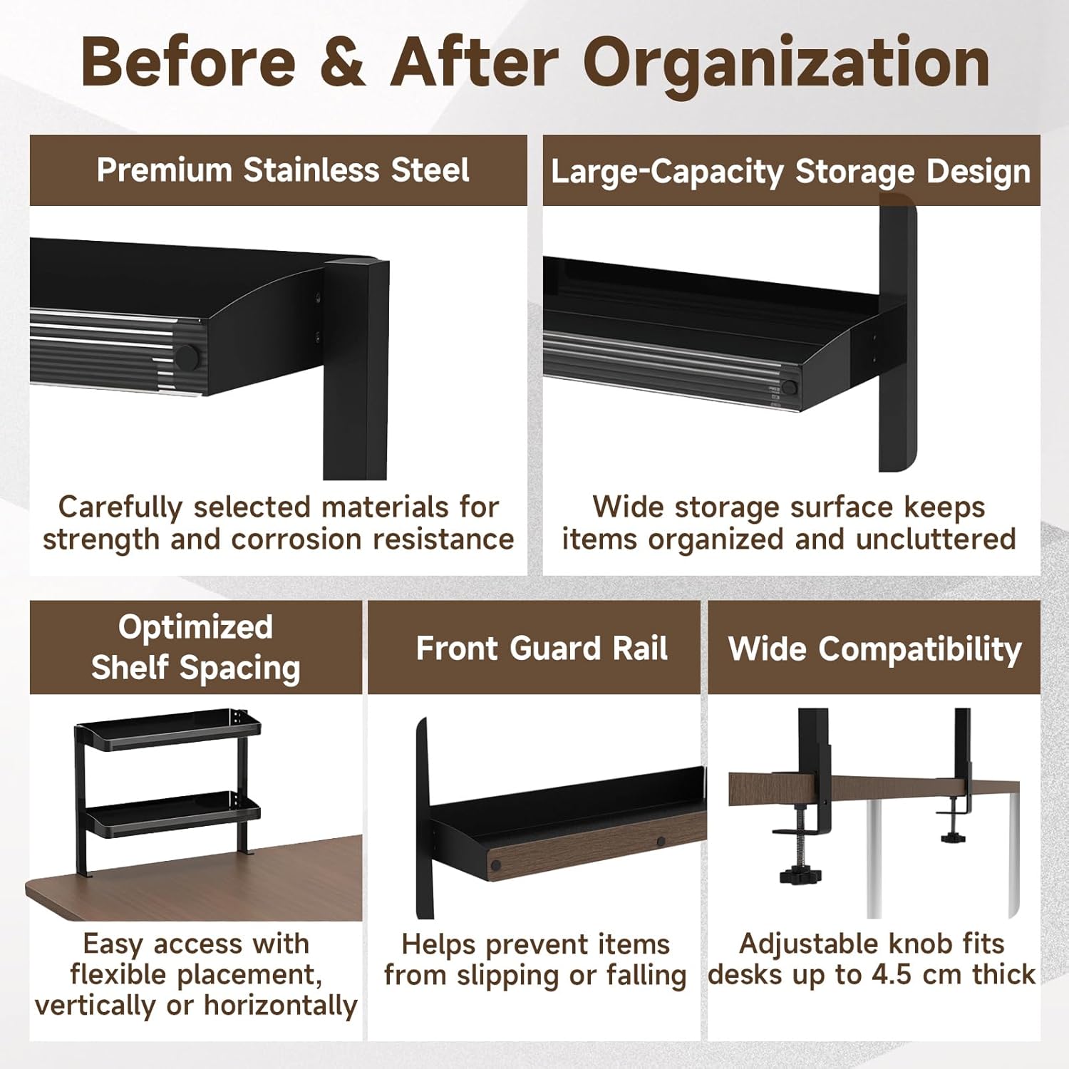 Clamp on Desk Shelf,17'' 2 Tier Office Desk Shelves Organizer with Under-Desk Hidden Storage Basket,Wood Desktop Supplies Storage Rack for Home Workspace, Study Rooms,Gaming Devices (Black)