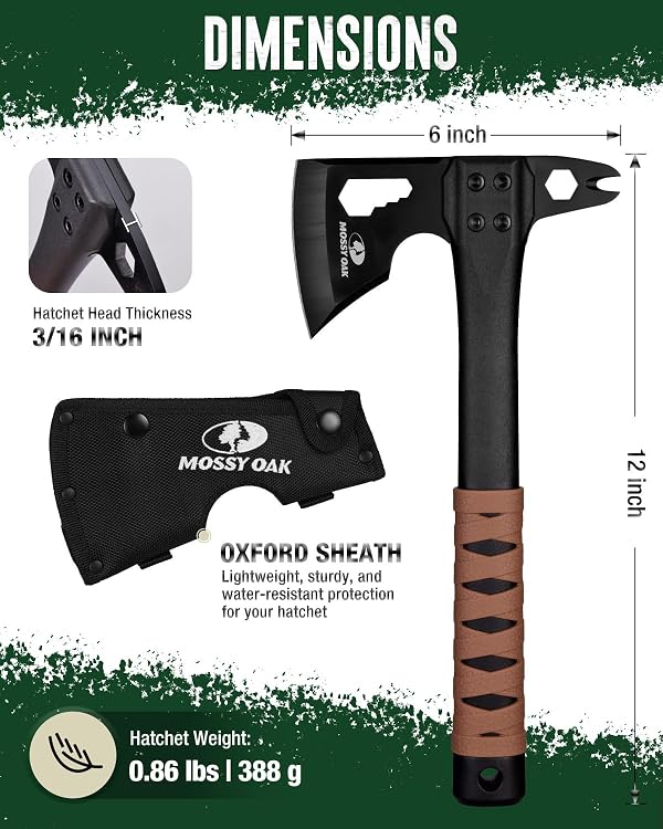 MOSSY OAK 12" Camping Axe and Survival Hatchet with Sheath, Compact Outdoor Multitool Hatchet with Hex Wrench Slots, Non-Slip Dual-Color Handle, Small Camping Gear for Hiking, Chopping, Hunting by Mossy Oak - Image 2