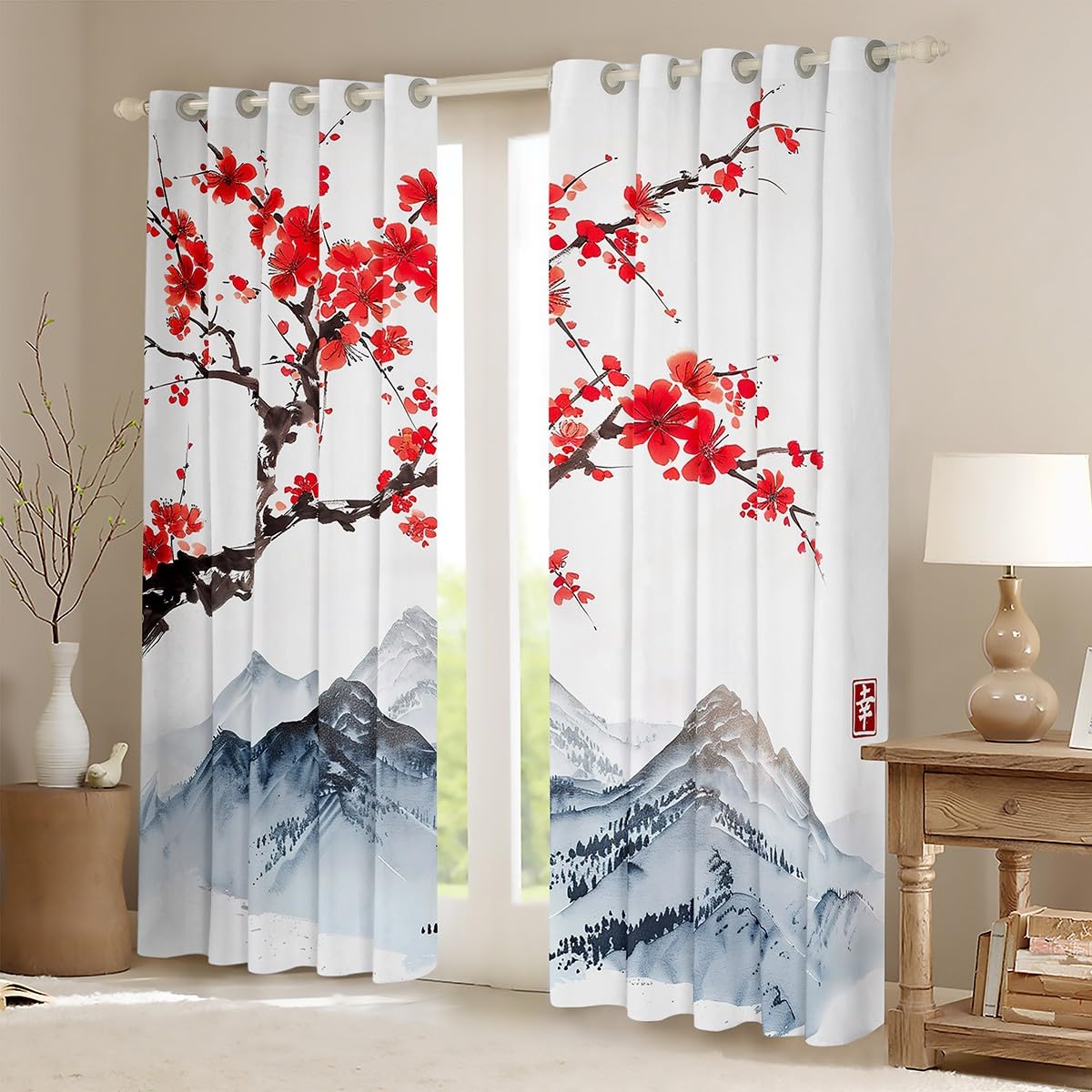 Homewish Japoński kwiat śliwy szer. 132 cm x dł. 229 cm zasłony okienne, obraz atramentowy krajobraz nadruk zasłony zaciemniające kwiatowy wzór zasłony 2 zestawy paneli azjatyckie ukiyoe dekoracje