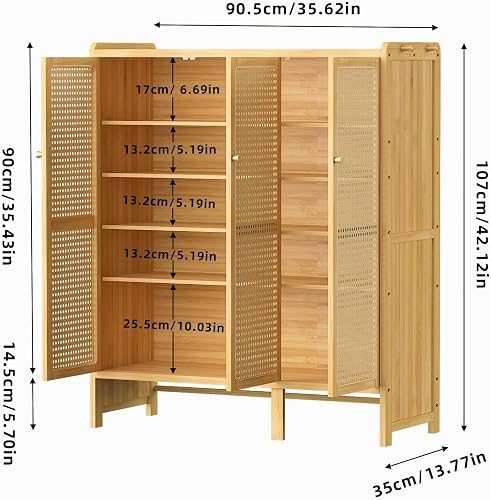 unho Bamboo Shoe Storage Cabinet: Wooden Shoes Rack Organiser with 3 Rattan Doors for Hallway Entryway 5 Tier - 2