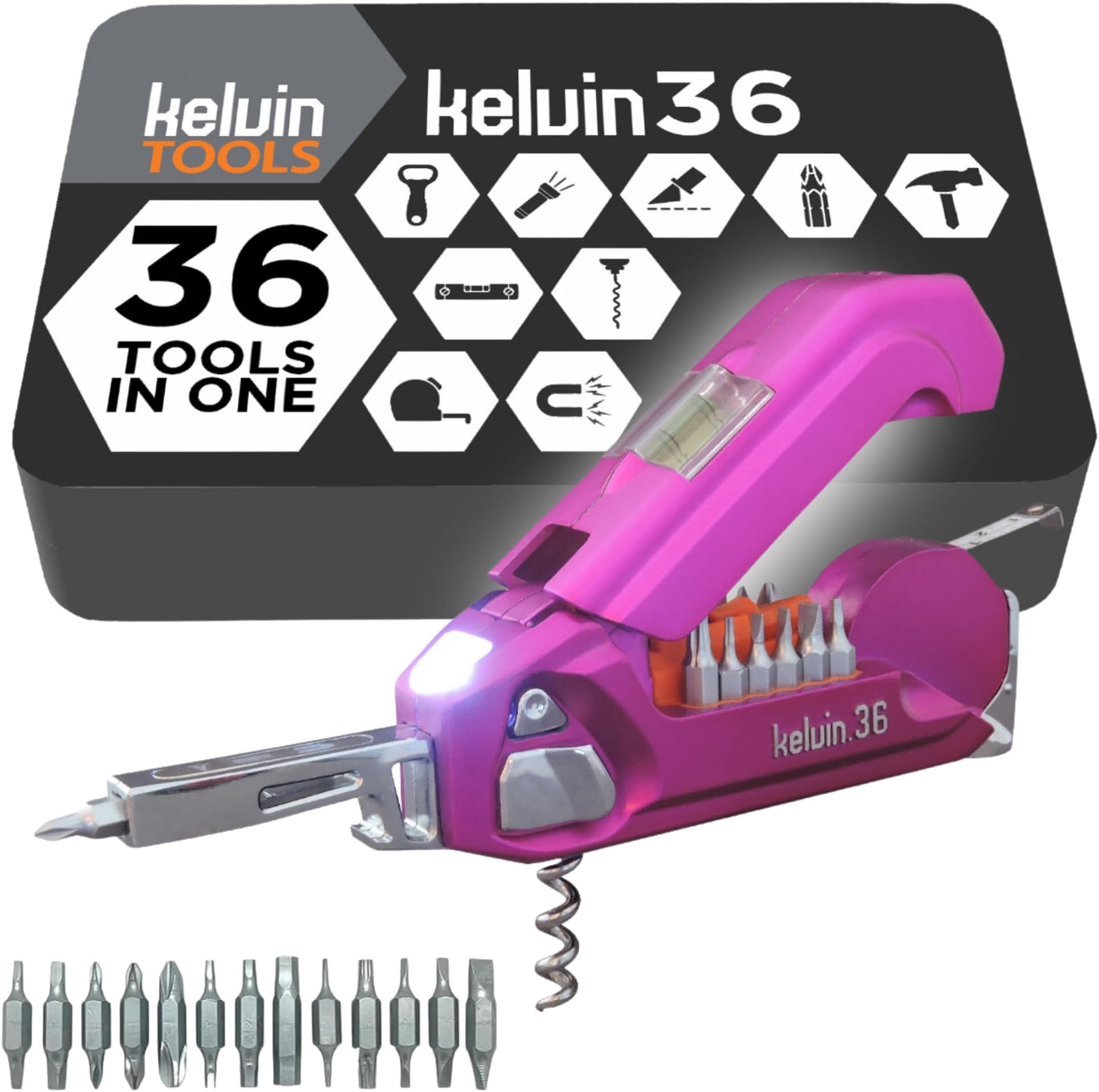 Tools - Kelvin 36 Urban Multi Tool Screwdriver Set - All in One Hand Tool with 26 Interchangeable Bits, Tape Measure, Liquid Level, Hammer, Flashlight, Corkscrew and Magnetic Tip