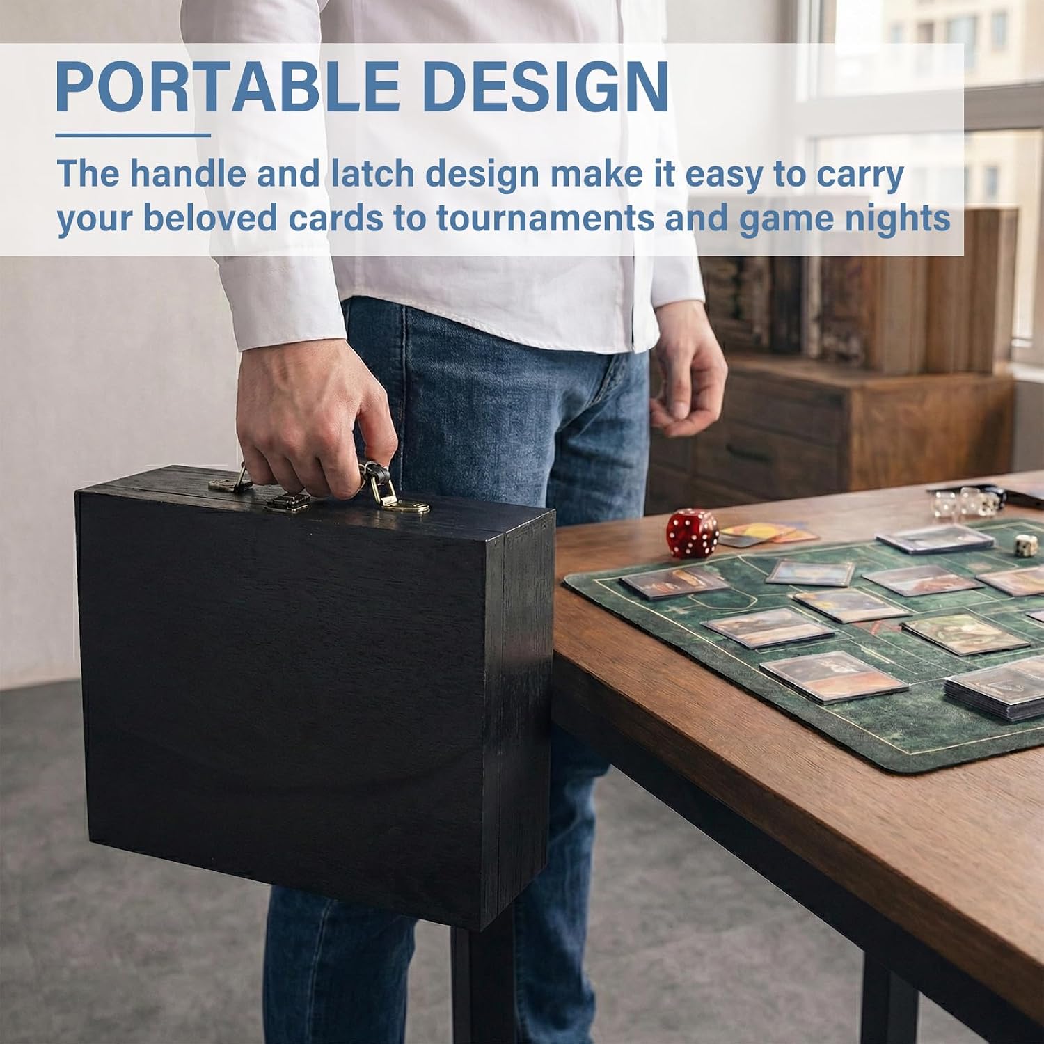 Wooden Trading Card Storage Box with Soft Lined, 3500+ Card Deck Case with Lock & Handle Fits MTG TCG YuGiOh Sports Cards and 35PT Magnetic Holders, 4-Row Deck Box with 10 Dividers 4 Foam Stoppers