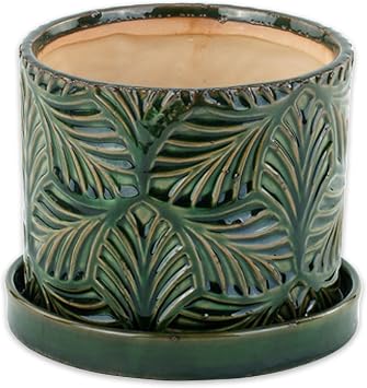Napco 13430 Leaf Green 6 x 6 Ceramic Standing Container Garden Planter Pot with Saucer