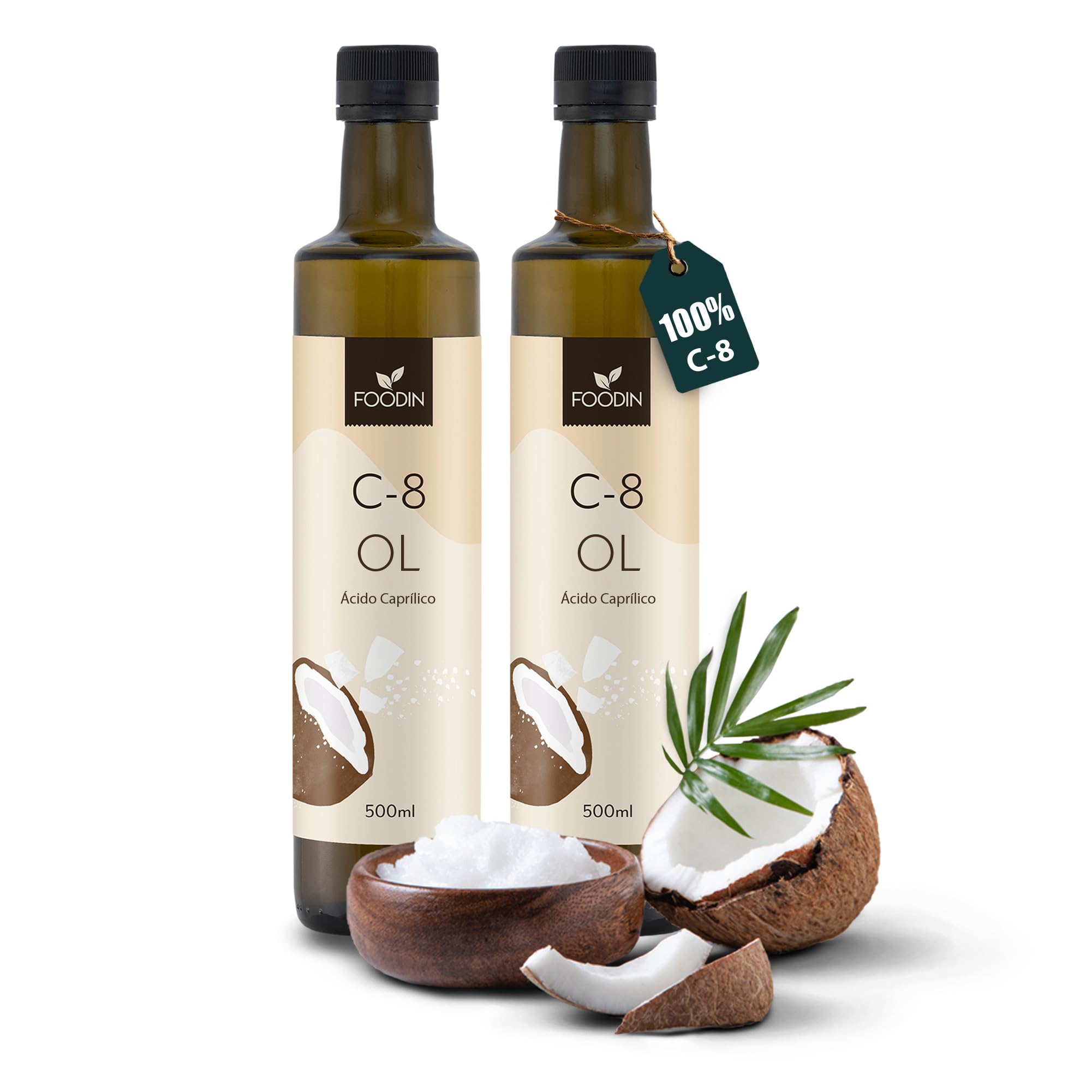 FOODIN Aceite MCT C8, 1000ml Aceite de Coco, Mejor para la Dieta Cetogénica, Aceite MCT Cetonas para Beber, 3x Más Cetonas (100% C8), Aceite de Coco Líquido y Sin Sabor (2x500ml)