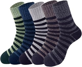 SHINROAD Calcetines de apoyo, suela acolchada, calcetines para hombre, invierno, 5 pares, gruesos, forrados de felpa, color sólido, punto, deportes para senderismo, camping, rayas negras y