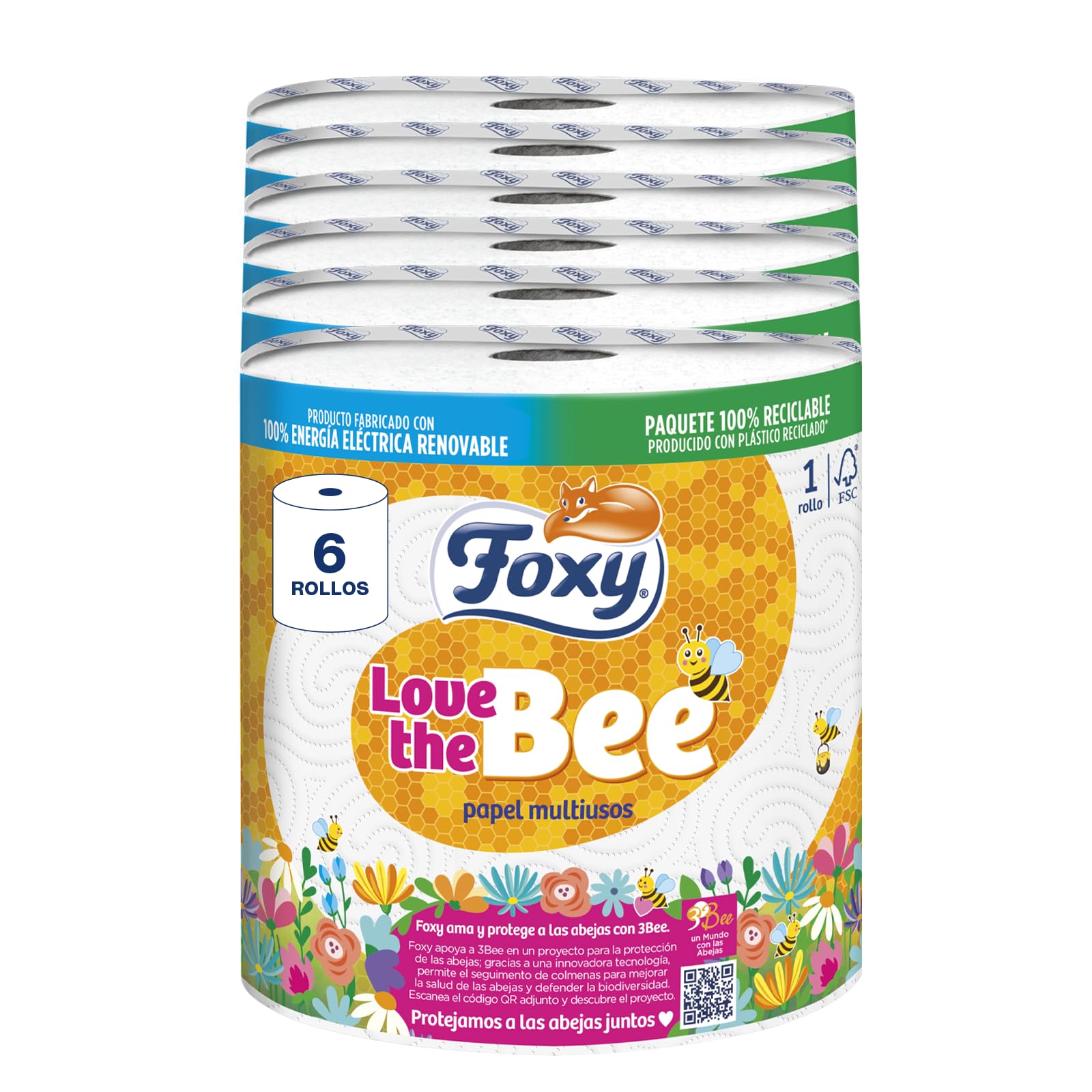 Foxy Love the Bee | 2 strati | Carta da cucina 6 rotoli | 295 servizi per ogni rotolo | Certificazione FSC | 100% Energia elettrica rinnovabile | Confezione riciclabile prodotta con plastica riciclata