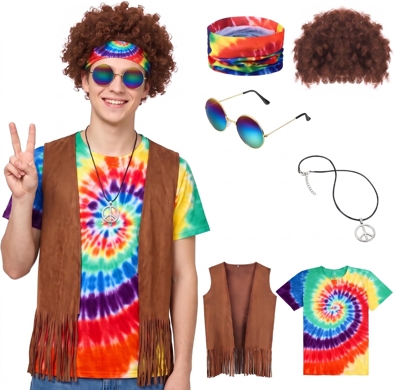 6 Pcs Men's Hippie Costume for 60s 70s Halloween Hippy Outfits