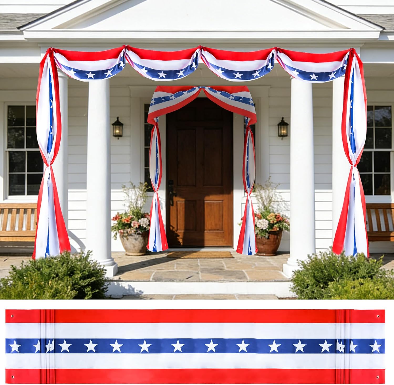 2 Pack Patriotic Door Decoration 4th of July American Flag Bunting Banner 1.6x20Ft Large Red White & Blue Stripe Banner with Stars for Veterans Memorial Day Independence Day Outdoor Garden Porch Home