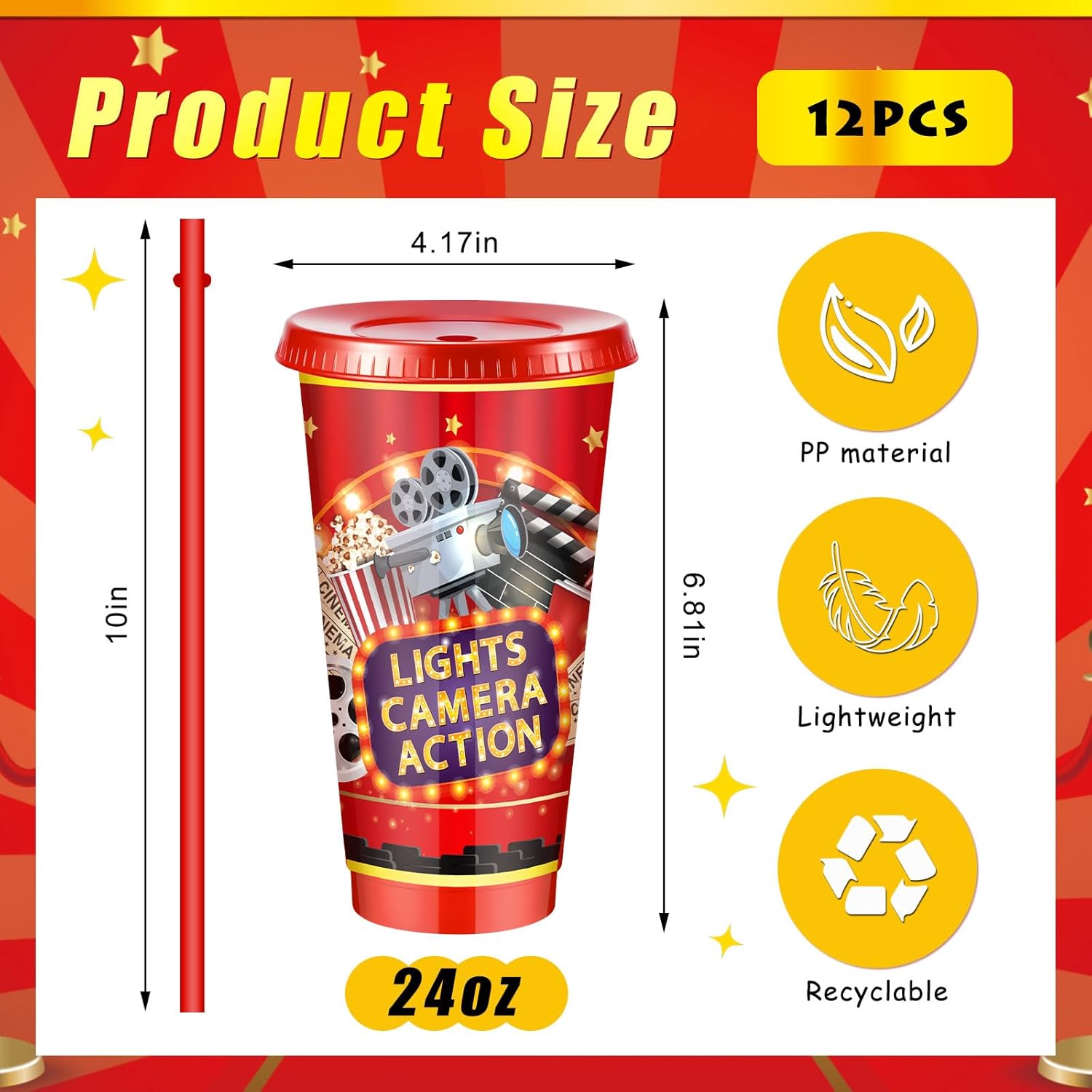 Uiifan 12 Pcs Movie Night Cups 24oz Reusable Tumbler with Lid and Straw Movie Party Decorations Birthday Party Favors