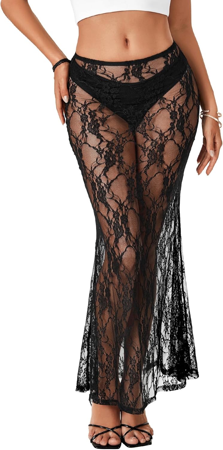 Rooscier Women's Lace Sheer Long Skirt High Waist A-line Summer Sexy Beach Maxi Skirts - Image 2