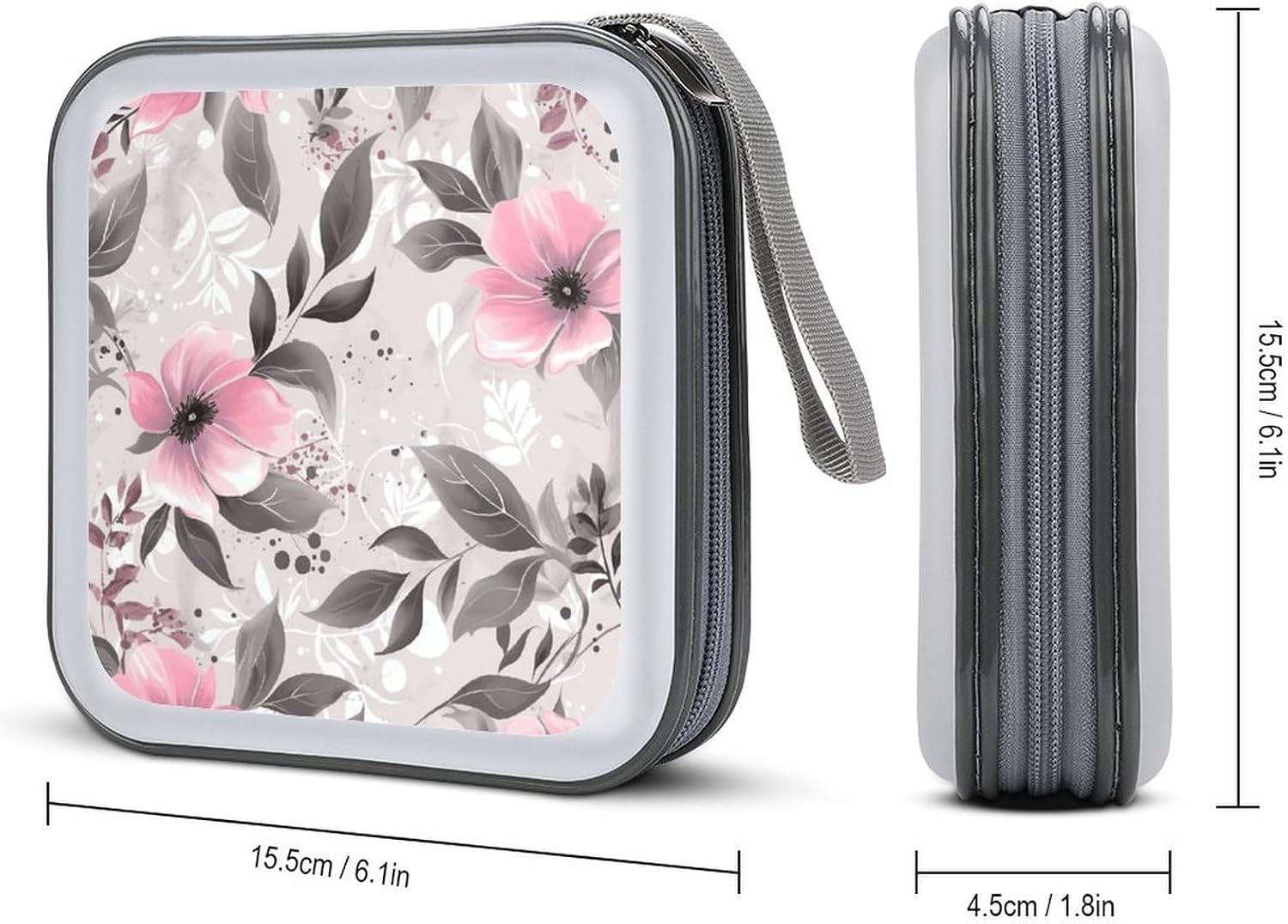 Pink Flowers And Leaves on Gray CD Case 40 Capacity Protective DVD Cases with Zipper Portable CD Collection Bag DVD Boxes Holder with Handle for Movie Blu Ray Audio Disk Music image 2