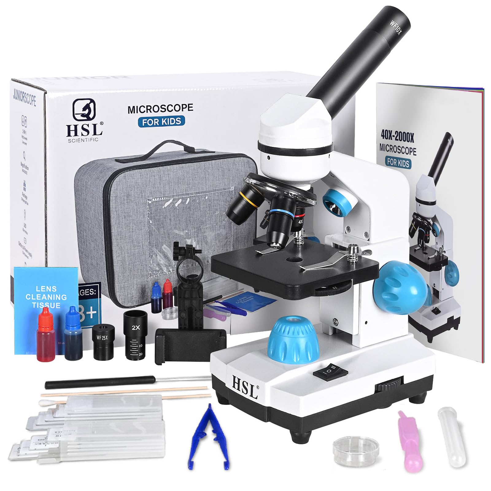 HSL Microscope for Kids,40X-2000X monocular Microscopes for Adults Students Beginner with LAD Set,Dual LED Phone Adapter Powerful Biological Microscopes for School Boys Girls Home Education Laboratory