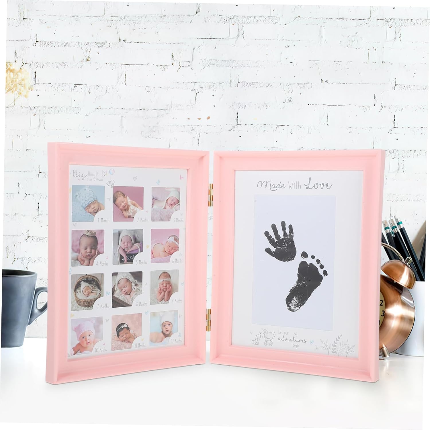 Baby Age Milestone Photo Frame First Year Picture Holder Handprint and Footprint Kit for Nursery Decor