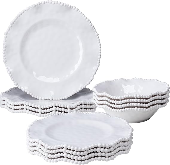 Creamy 12pcs Beaded 100% Melamine Dinnerware Set, Service for 4
