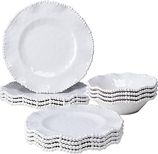 Cream 12pcs Beaded 100% Melamine Dinnerware Set, Elegant Scalloped Edge Durable & Shatterproof Outdoor Dining Set,Unbreakable Plates & Bowls Set for Indoor/Outdoor Use, Dishwasher Safe