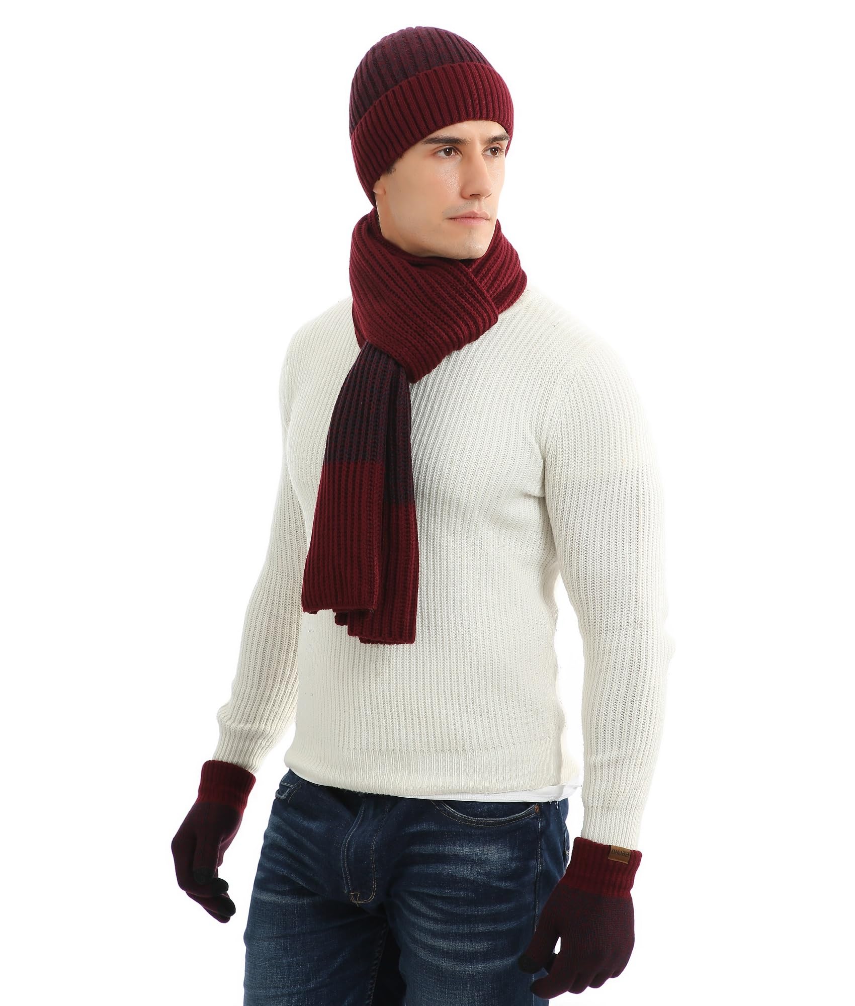 Męska czapka szalik i rękawiczki zestaw zimowa ciepła dzianinowa czapka beanie długi szalik ocieplacz na szyję rękawiczki z ekranem dotykowym zestaw upominkowy